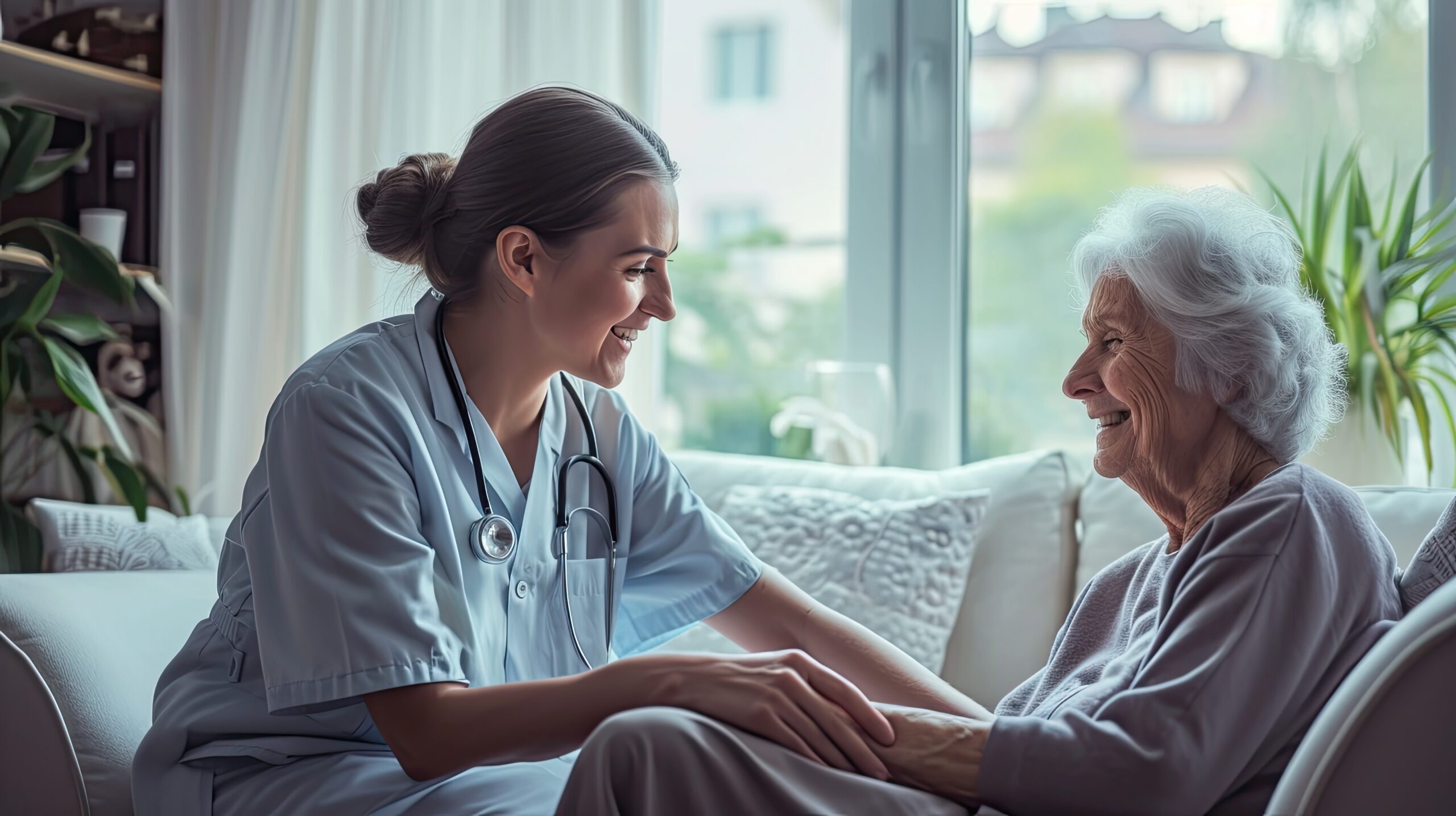 A gentle nurse caring for a happy elderly woman, sharing a moment of genuine connection and joy.
